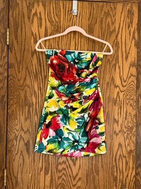 Strapless Floral Mini Dress in Yellow, Red, Teal
